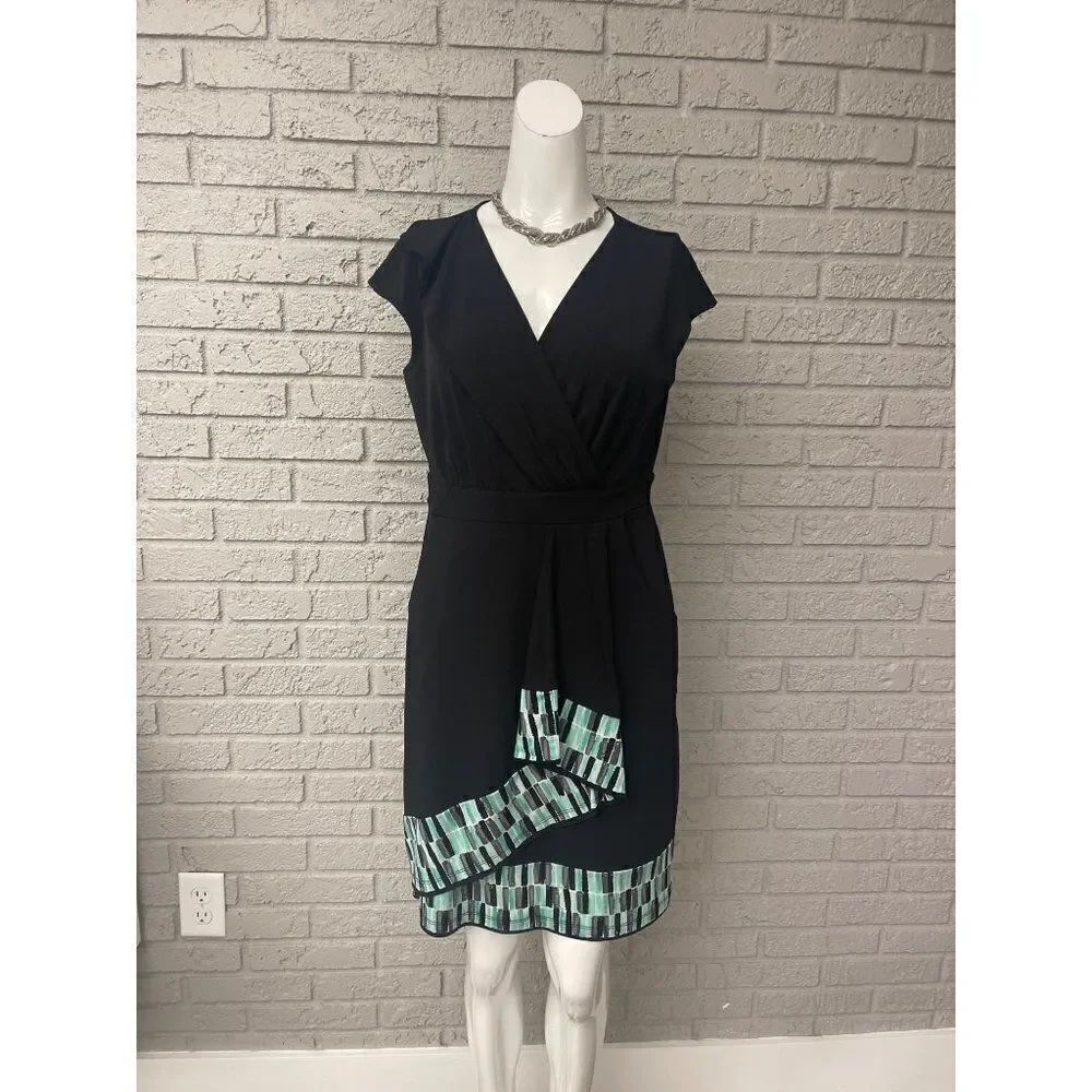 Apt.9 Women Black With Multicolored Hem Cap Sleeve Faux Wrap Dress Size PM